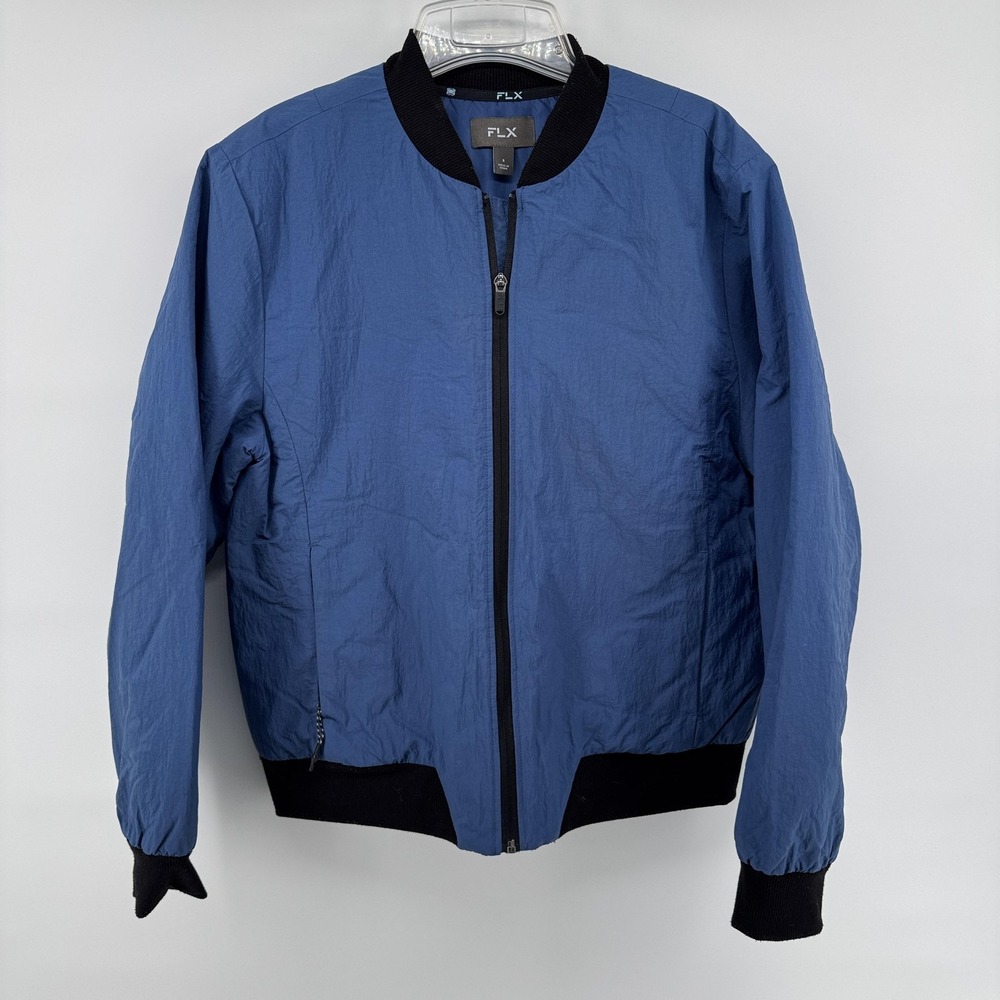 FLX Jacket Mens Small Blue Insulated Full Zip Bomber Nylon Lined Ribbed Collar